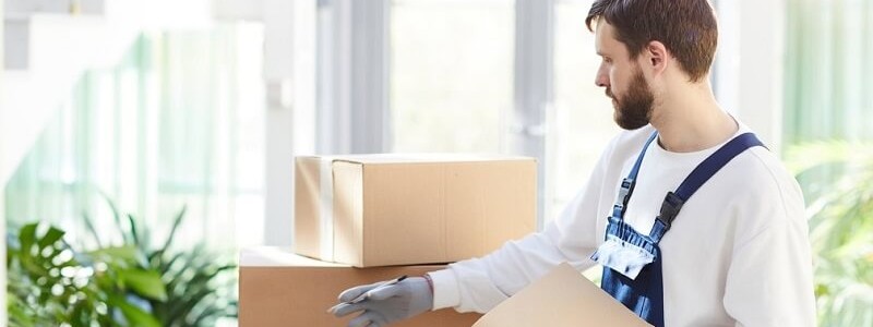 young professional with a notepad checking something on a cardboard box