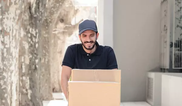 young man with a cardboard box during a move