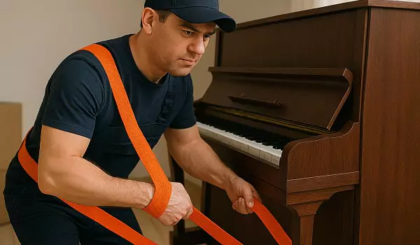 young professional preparing a piano for moving